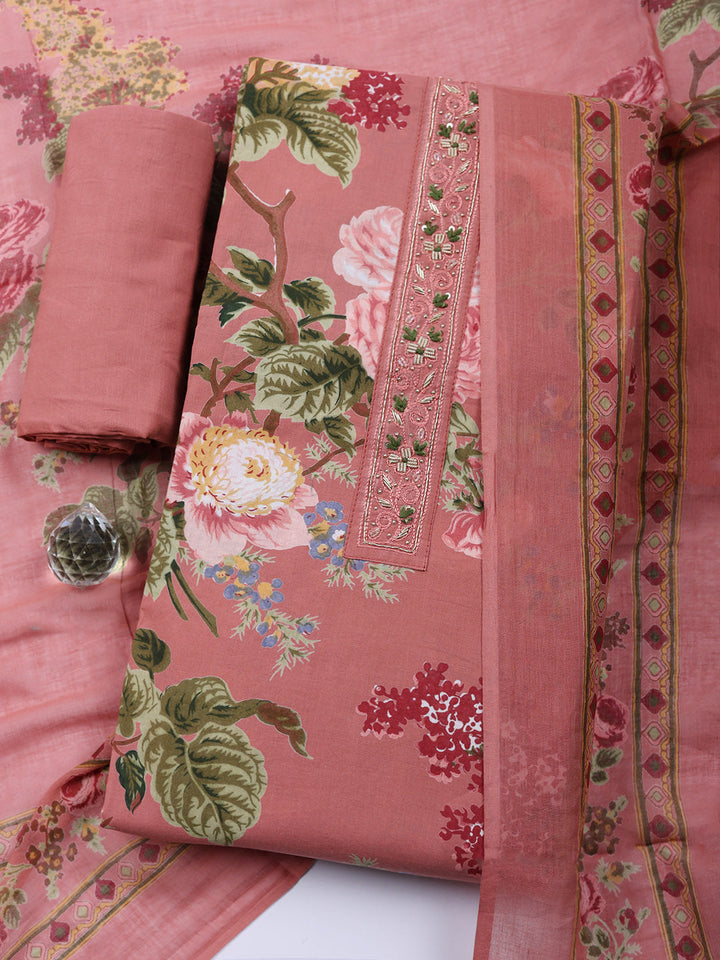 Embroidered Cotton Blend Unstitched Suit With Pant &amp; Dupatta