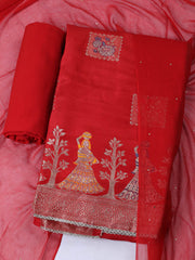 Woven Design Chanderi Rust Unstitched Suit With Pant & Dupatta