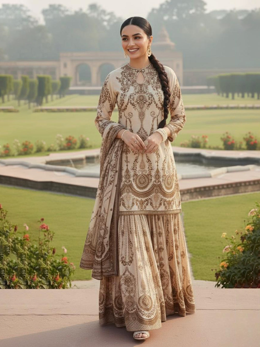 Embroidered Muslin Kurta With Gharara &amp; Dupatta