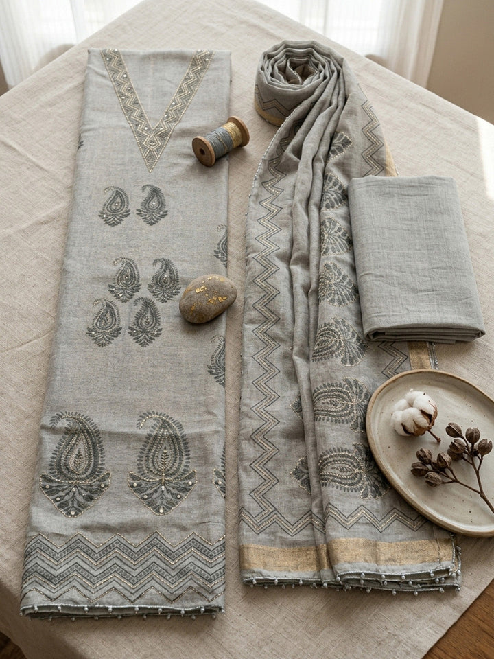 Embroidered Linen Blend Unstitched Suit With Pant &amp; Dupatta