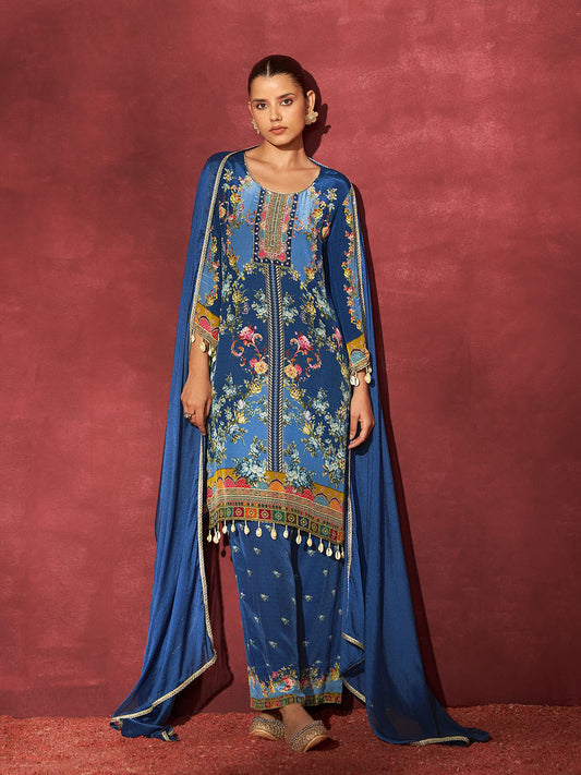 Neck Embroidery Muslin Kurta With Pants & Dupatta