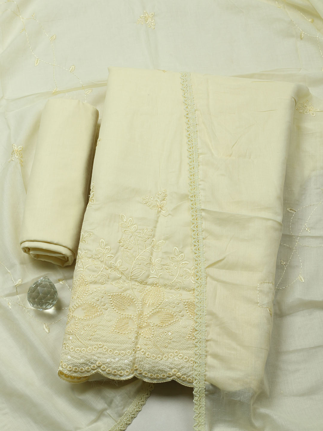 Embroidered Chanderi Unstitched Suit With Pant &amp; Dupatta