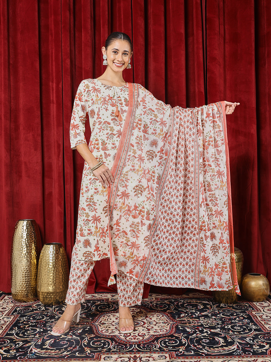 Printed Cotton Blend Kurta With Pants & Dupatta