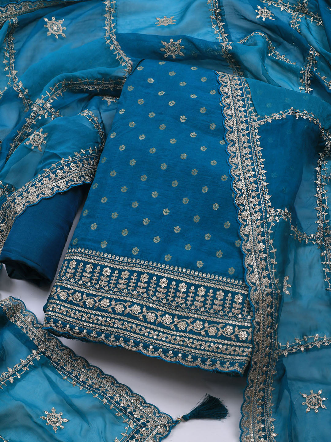 Embroidered Art Silk Unstitched Suit Piece With Dupatta