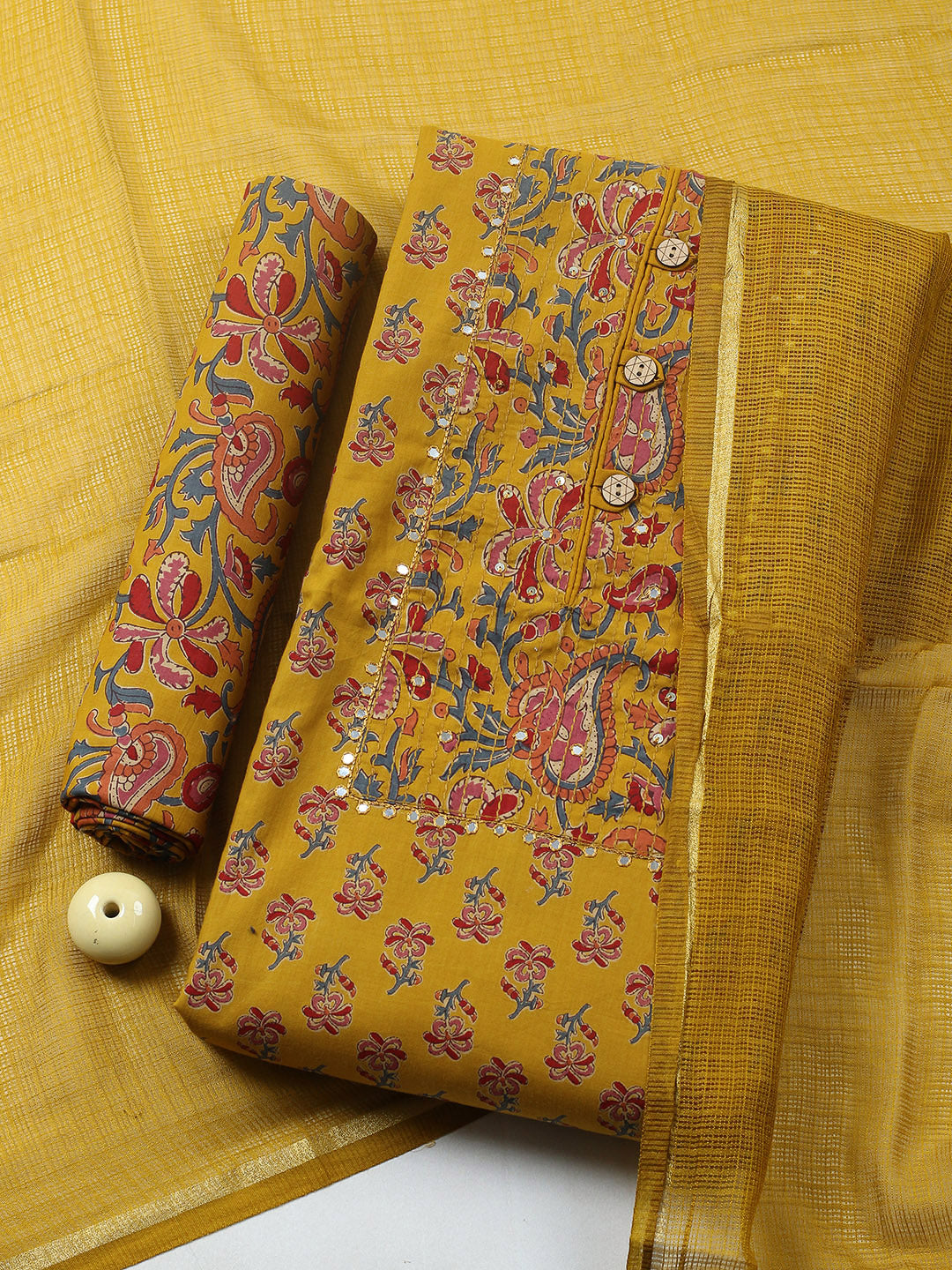Embroidered Cotton Blend Unstitched Suit With Pant &amp; Dupatta