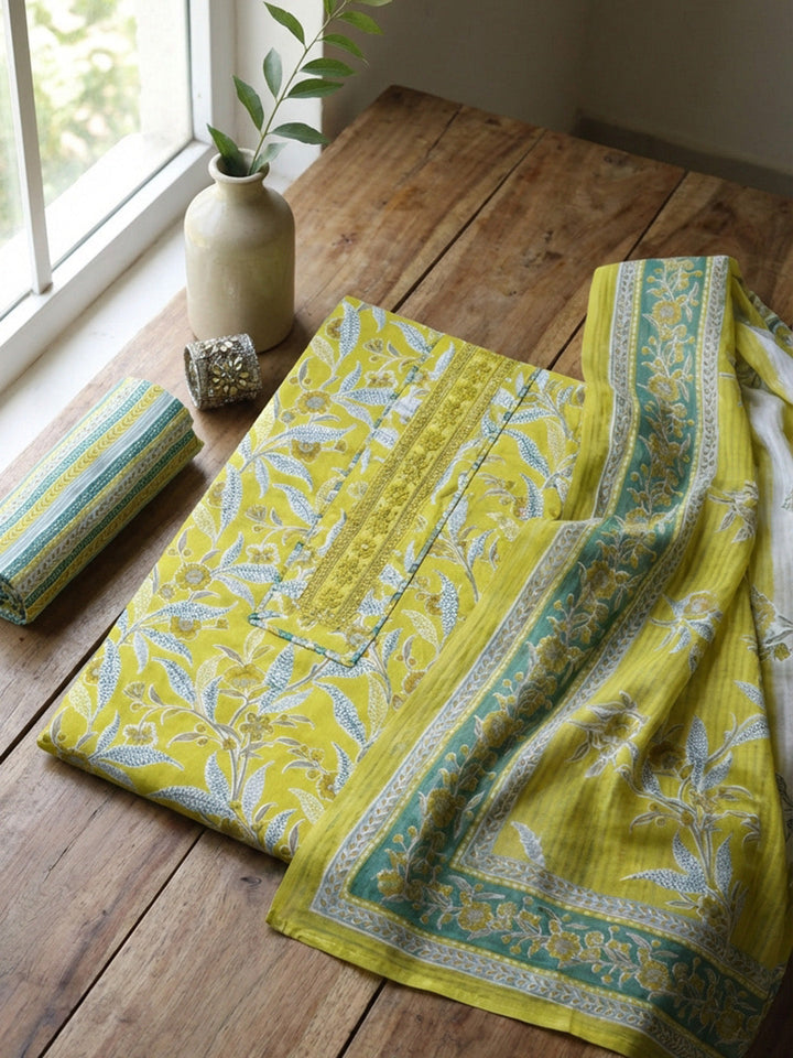 Printed Cotton Blend Unstitched Suit With Pant &amp; Dupatta
