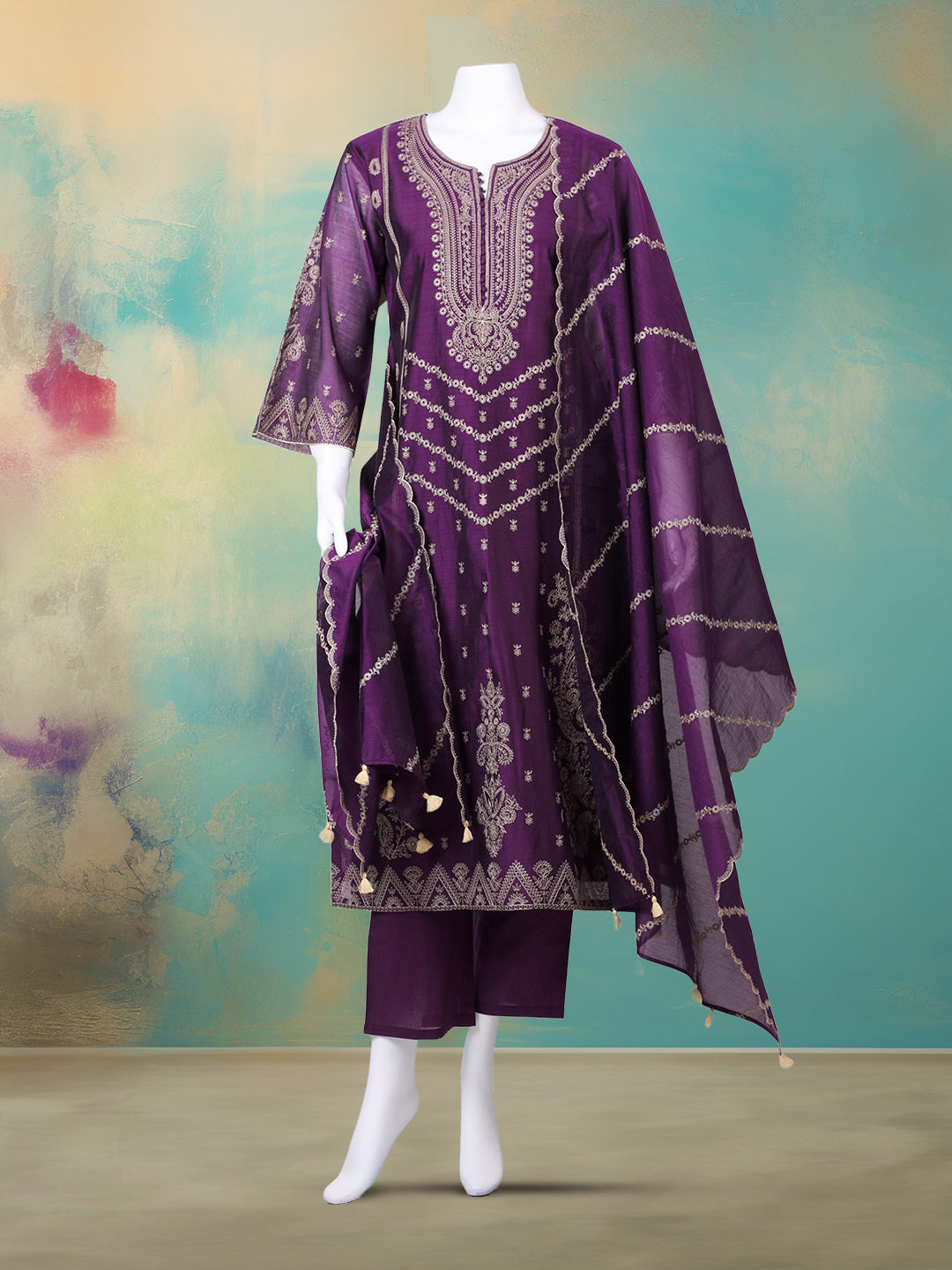 Embroidered Chanderi Kurta With Pant & Dupatta