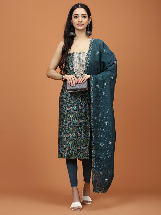 Floral Printed Cotton Unstitched Suit Piece With Dupatta