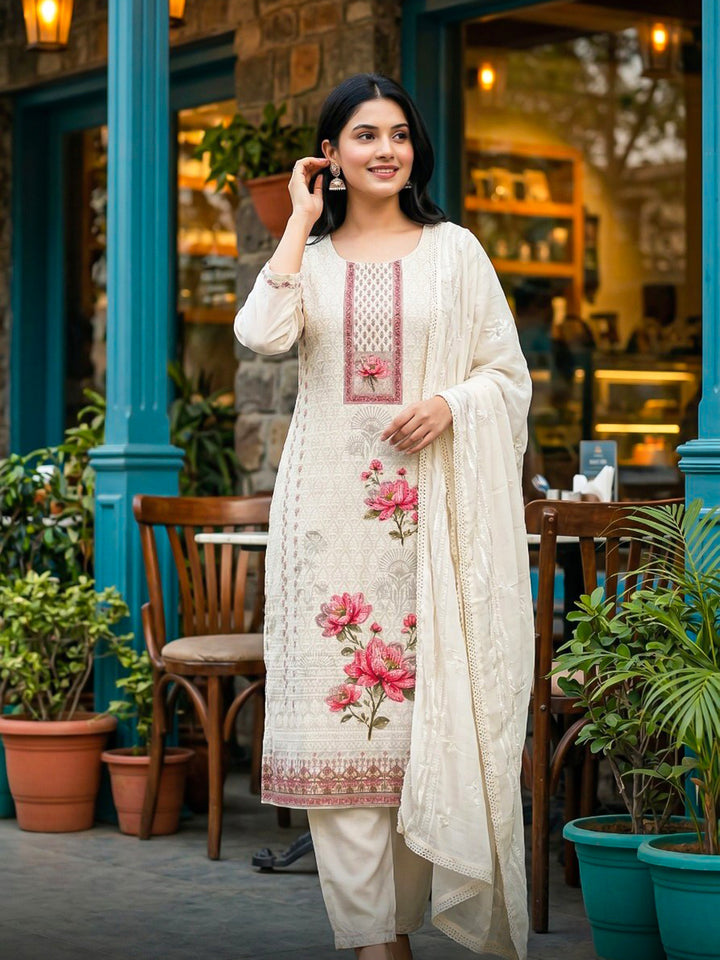 Cream Embroidered Cotton Blend Straight Suit Set With Dupatta
