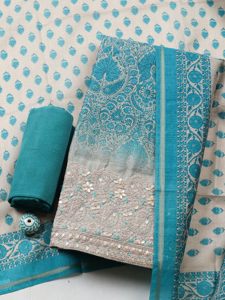 Printed Cotton Blend Unstitched Suit With Pant &amp; Dupatta