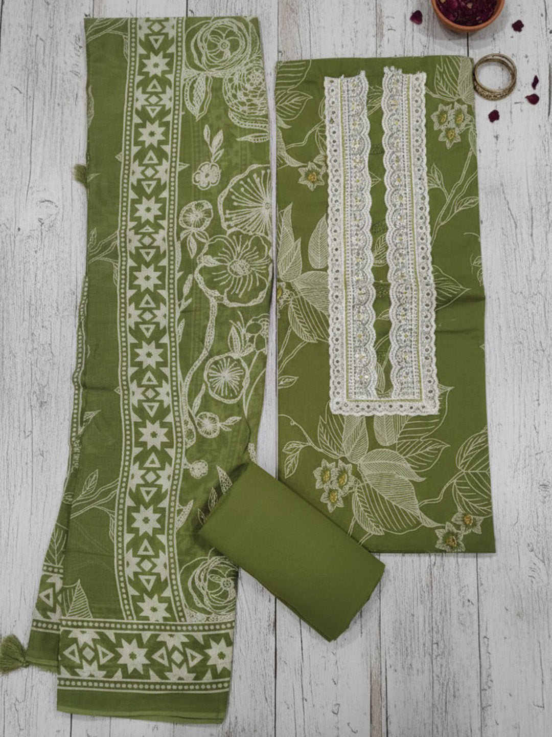 Printed Cotton Blend Unstitched Suit With Pant &amp; Dupatta