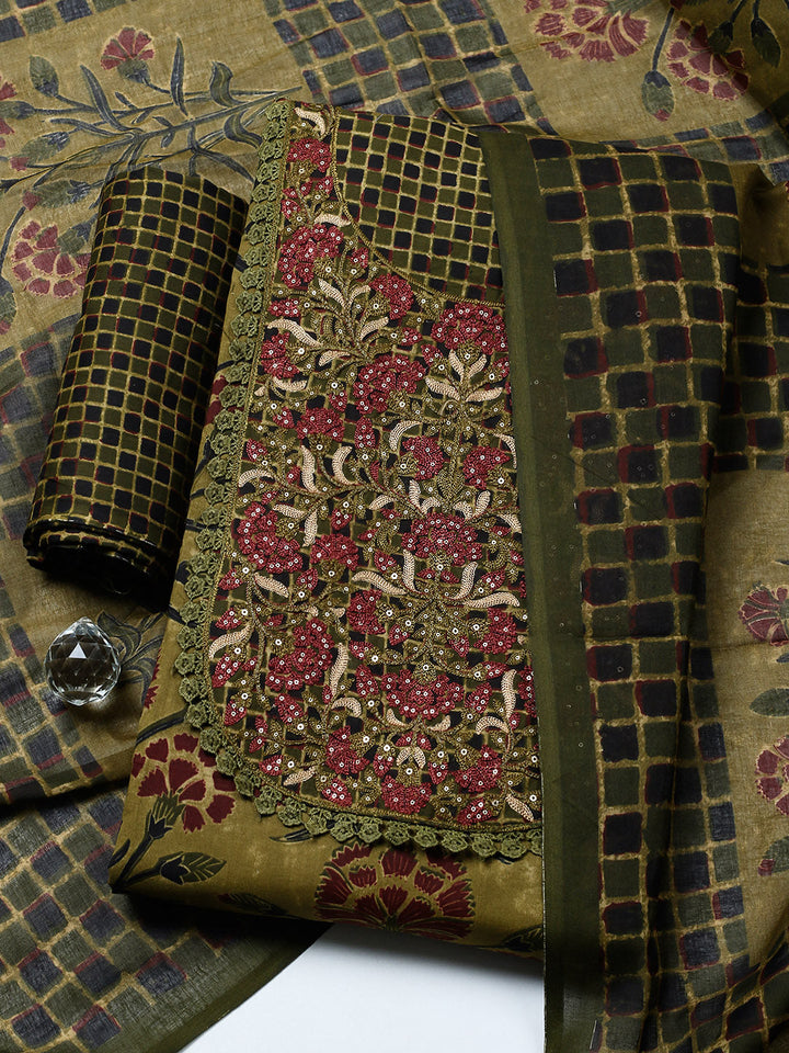 Embroidered Cotton Blend Unstitched Suit With Pant &amp; Dupatta