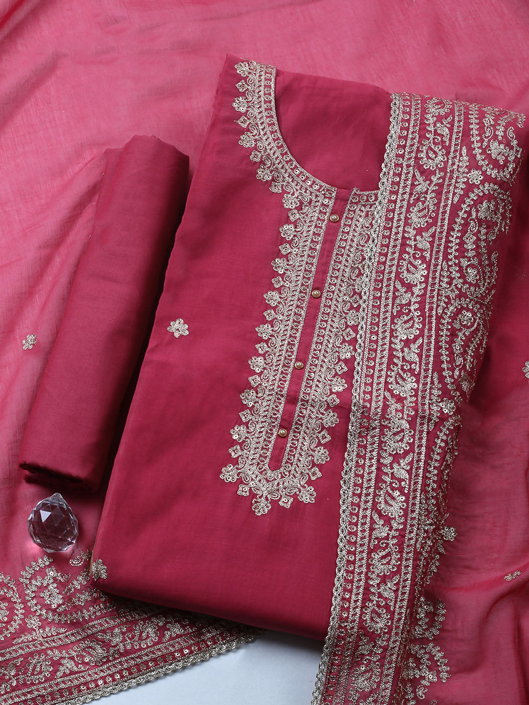 Embroidered Chanderi Unstitched Suit With Pant &amp; Dupatta