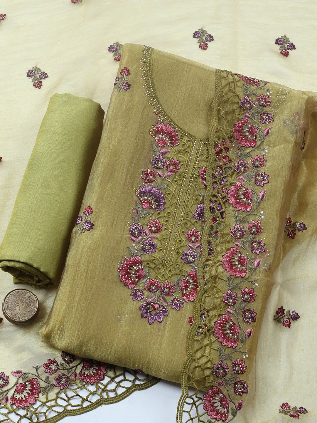 Embroidered Tissue Unstitched Suit With Pant &amp; Dupatta