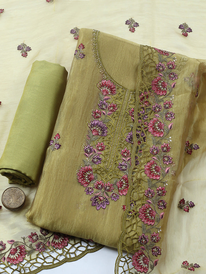 Embroidered Tissue Unstitched Suit With Pant &amp; Dupatta