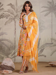 Floral Printed Cotton Blend Kurta With Pants & Dupatta