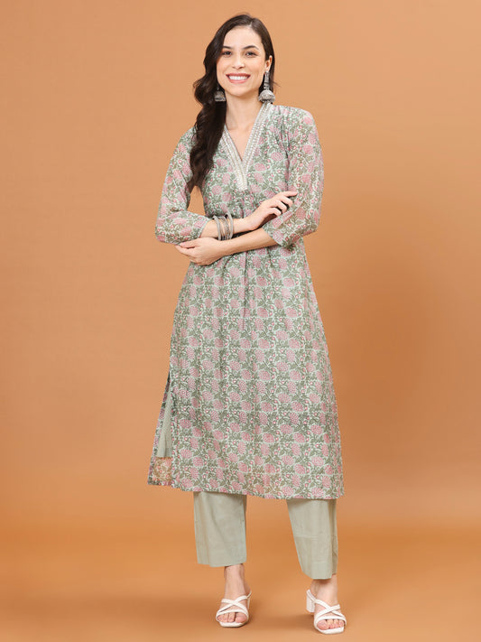 Floral Printed Cotton Kurta With Pants