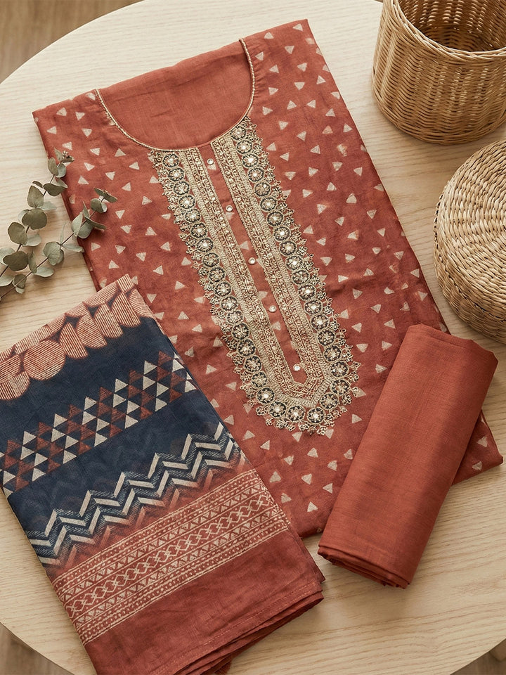 Embroidered Chanderi Unstitched Suit With Pant &amp; Dupatta