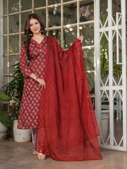 Neck Embroidery Cotton Blend Kurta With Pants & Dupatta