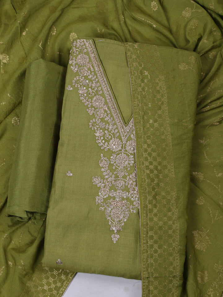 Embroidered Chanderi Unstitched Suit With Pant &amp; Dupatta
