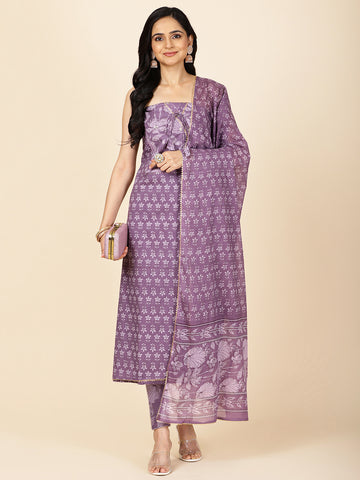 Floral Printed Cotton Unstit ched Suit Piece With Dupatta