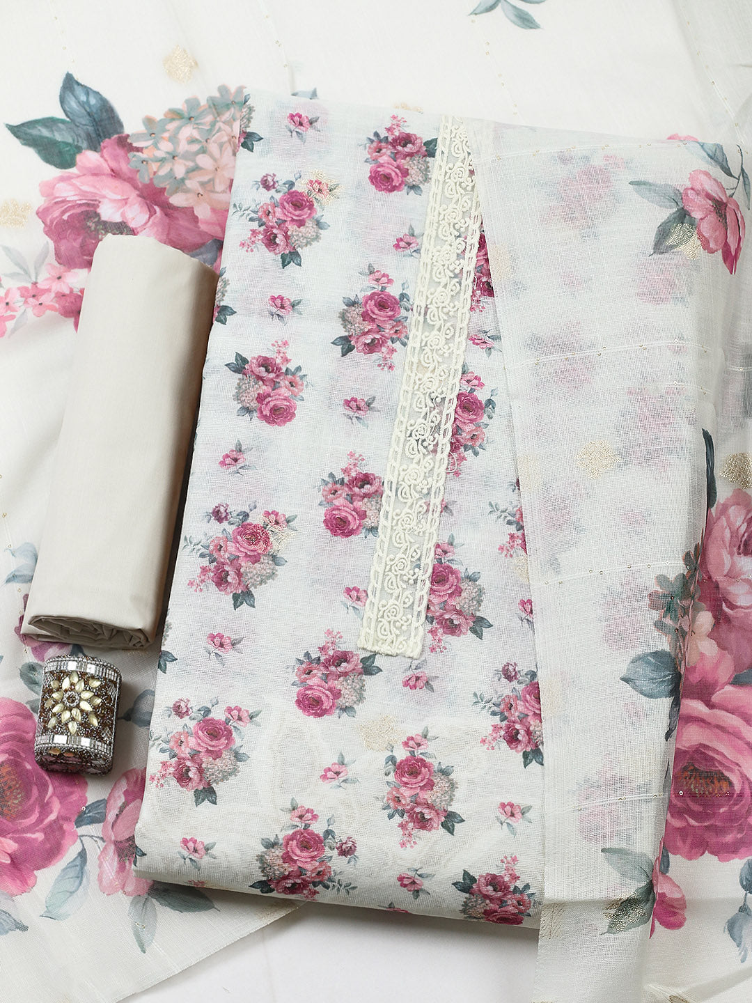 Embroidered Linen Blend Unstitched Suit With Pant &amp; Dupatta