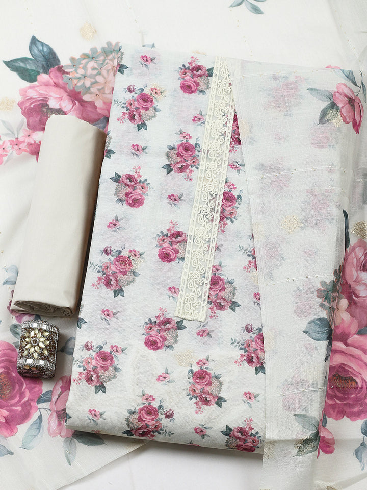 Embroidered Linen Blend Unstitched Suit With Pant &amp; Dupatta