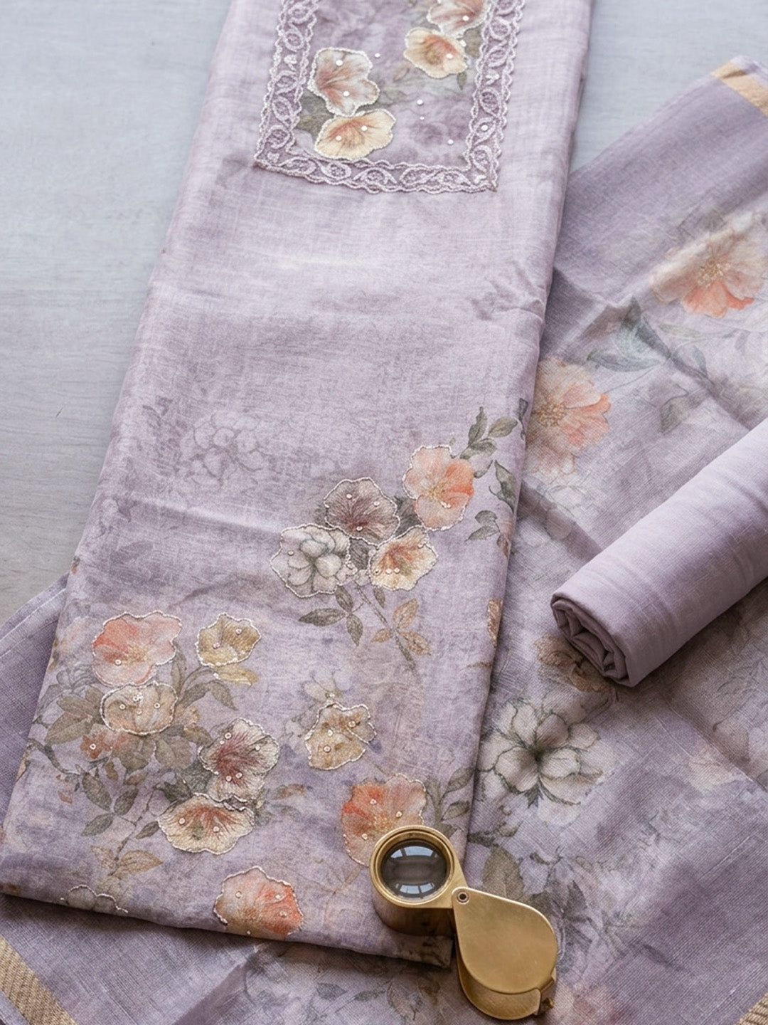 Embroidered Linen Blend Unstitched Suit With Pant &amp; Dupatta