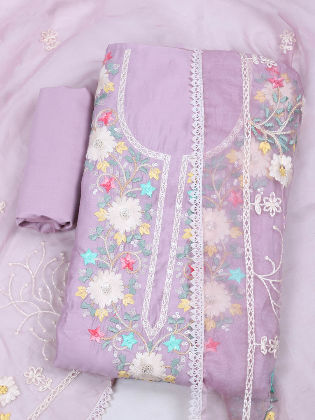 Embroidered Chanderi Unstitched Suit With Pant &amp; Dupatta