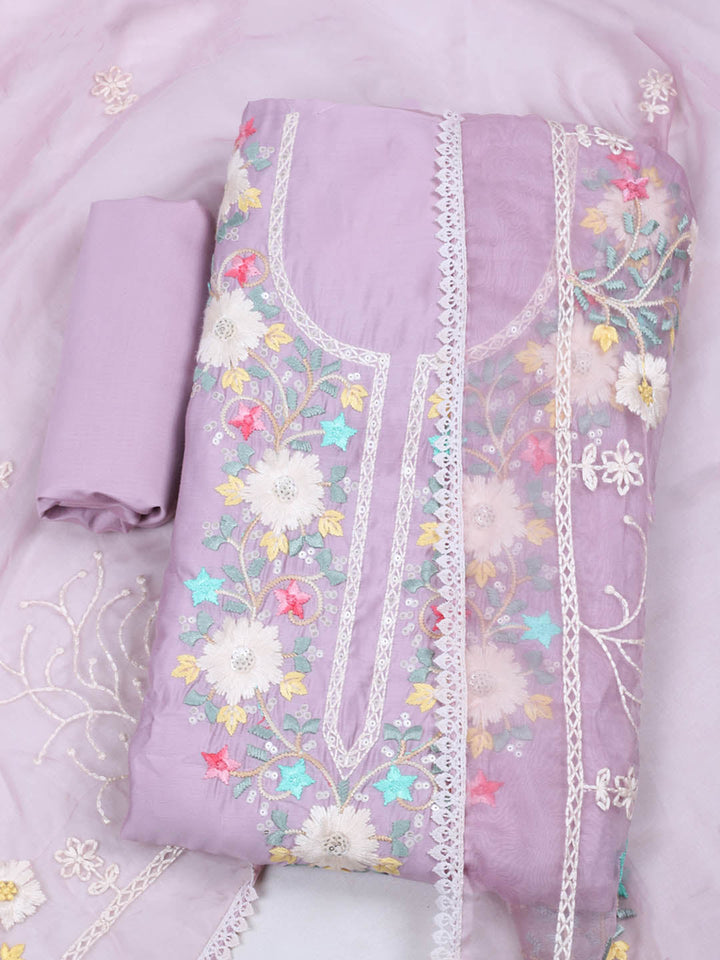 Embroidered Chanderi Unstitched Suit With Pant &amp; Dupatta