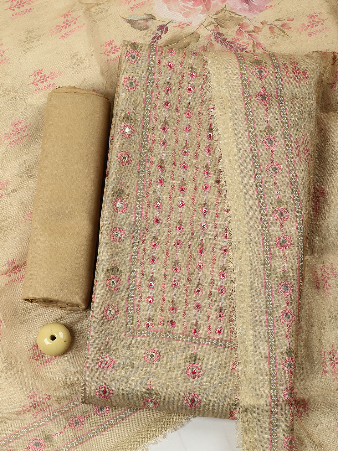 Embellished Tissue Unstitched Suit With Pant &amp; Dupatta