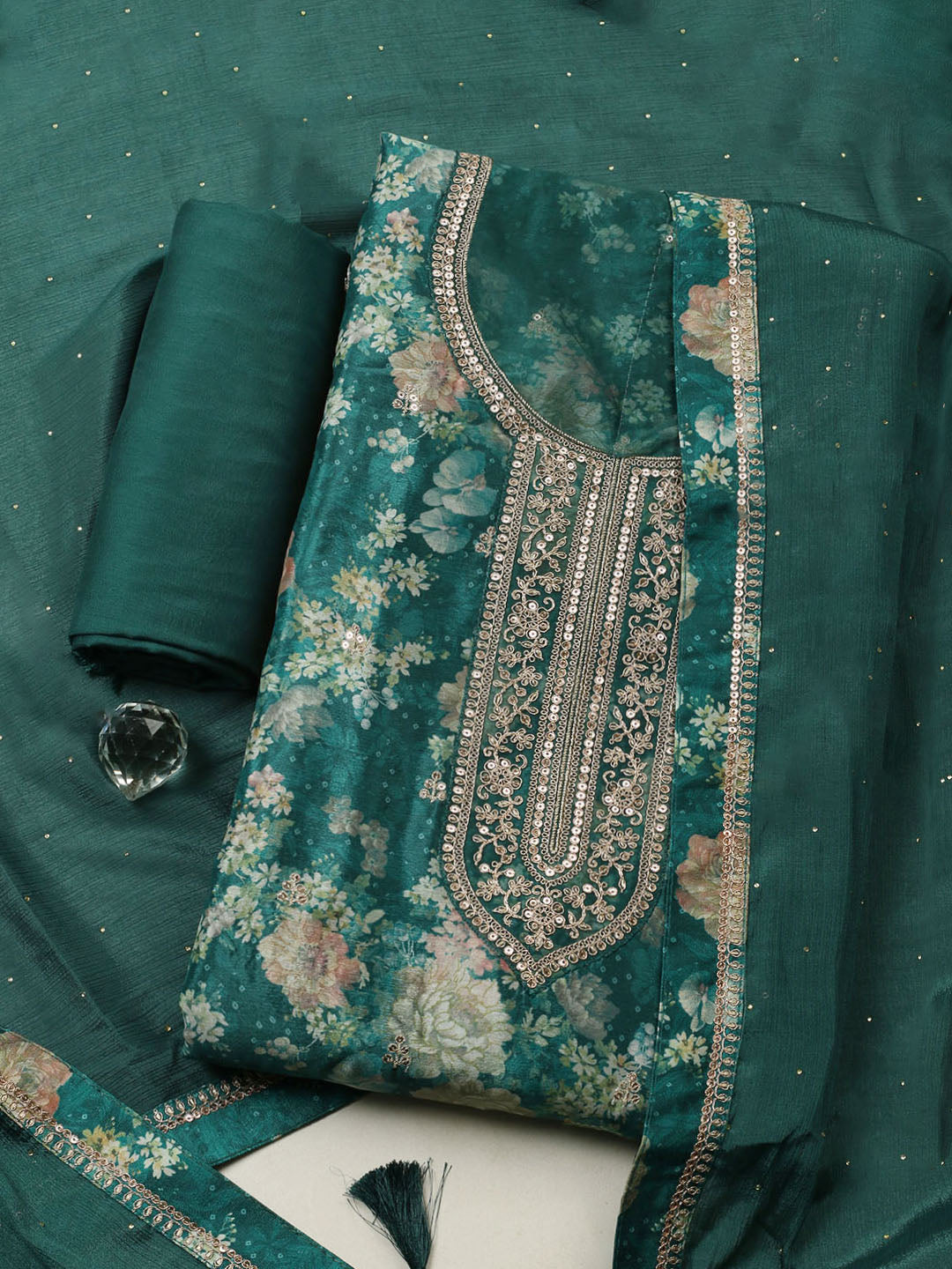 Printed Chinon Unstitched Suit With Pant &amp; Dupatta