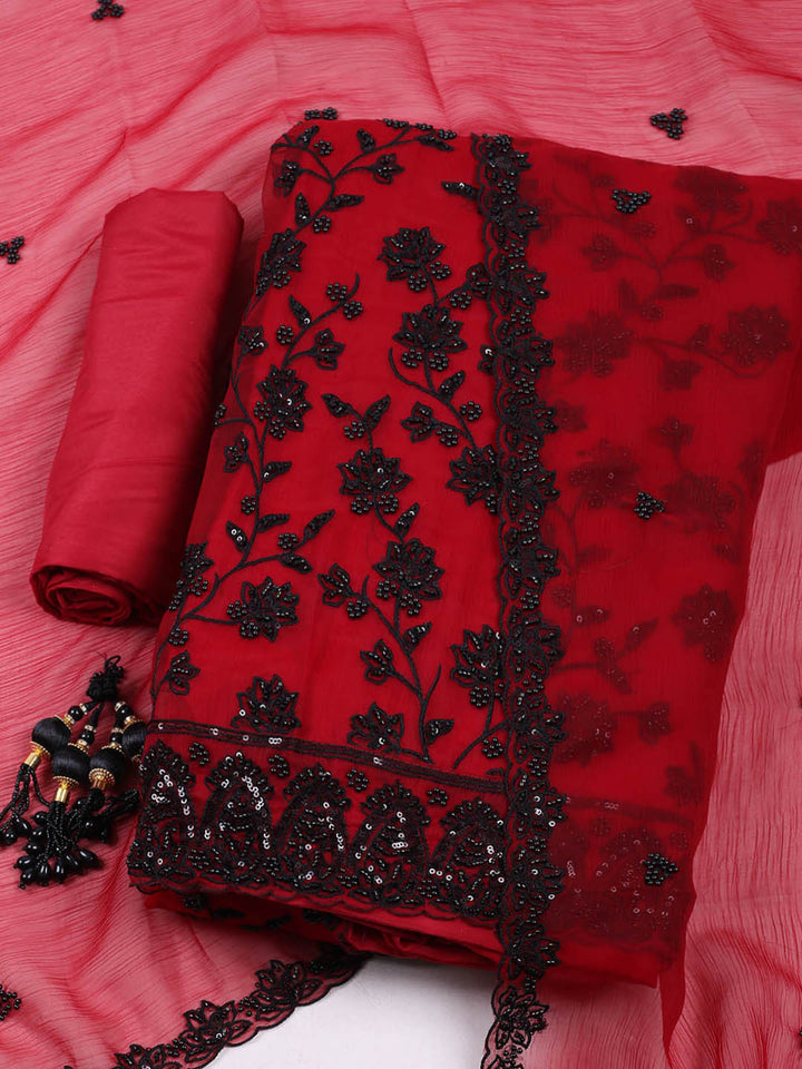 Embroidered Organza Unstitched Suit With Pant &amp; Dupatta