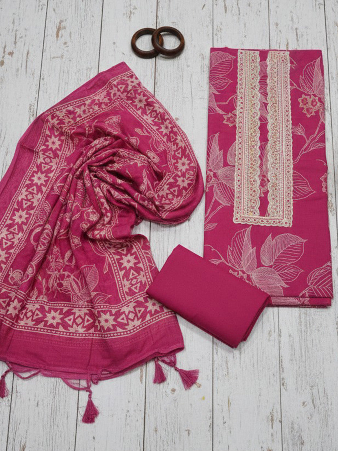 Printed Cotton Blend Unstitched Suit With Pant &amp; Dupatta