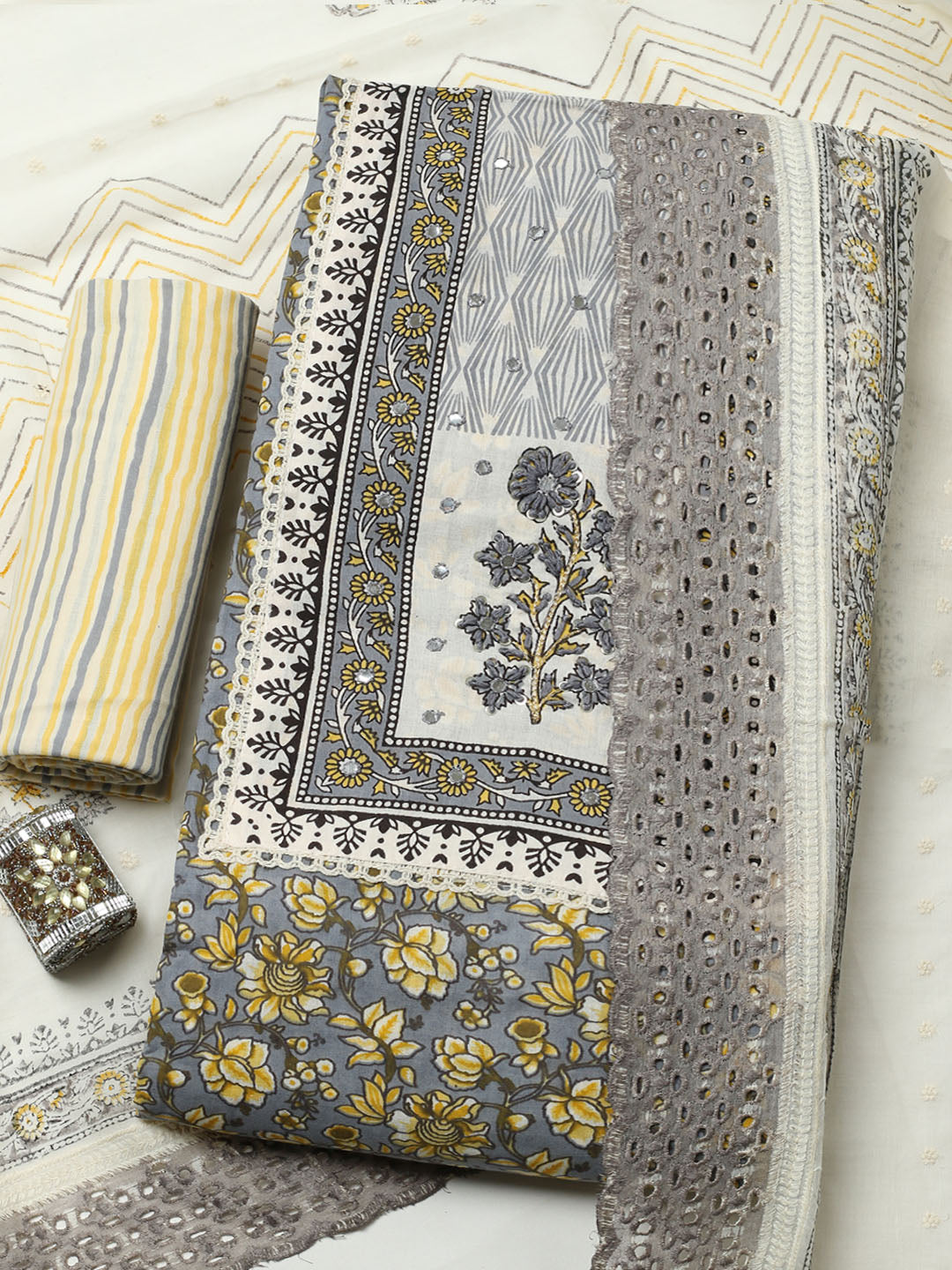 Printed Cotton Blend Unstitched Suit With Pant &amp; Dupatta