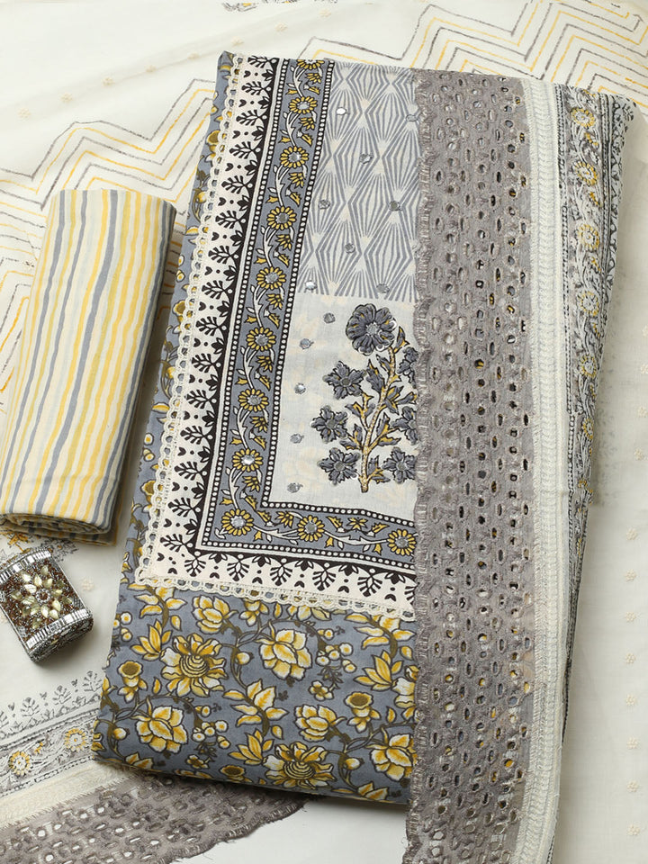 Printed Cotton Blend Unstitched Suit With Pant &amp; Dupatta