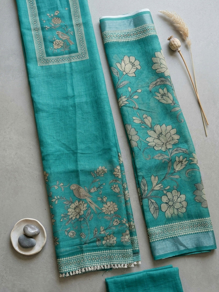 Embroidered Linen Blend Unstitched Suit With Pant &amp; Dupatta