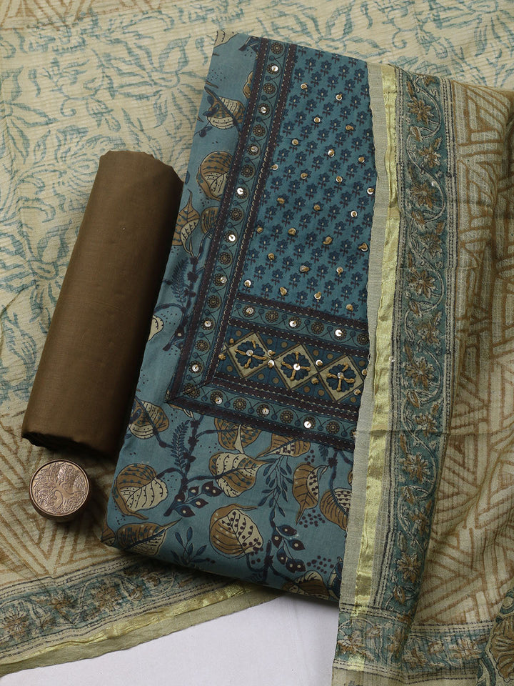 Printed Cotton Blend Unstitched Suit With Pant &amp; Dupatta