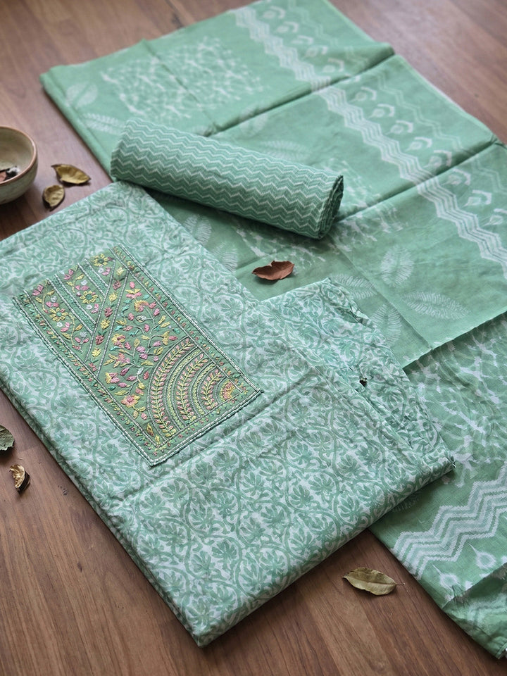 Printed Cotton Blend Unstitched Suit With Pant &amp; Dupatta