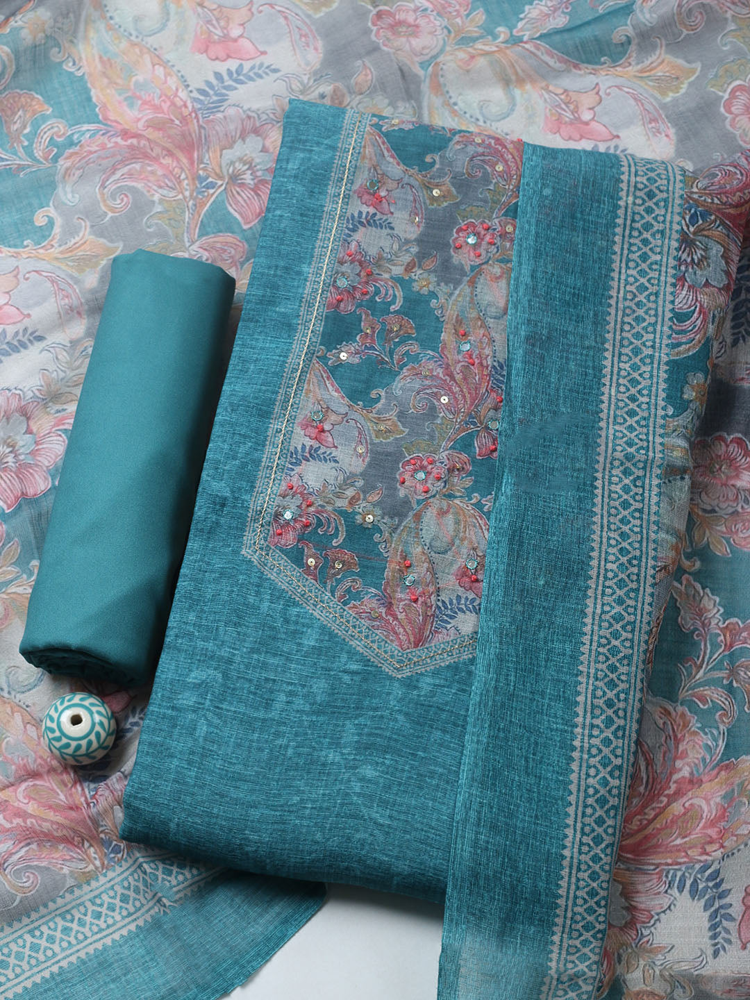 Embroidered Linen Blend Unstitched Suit With Pant &amp; Dupatta