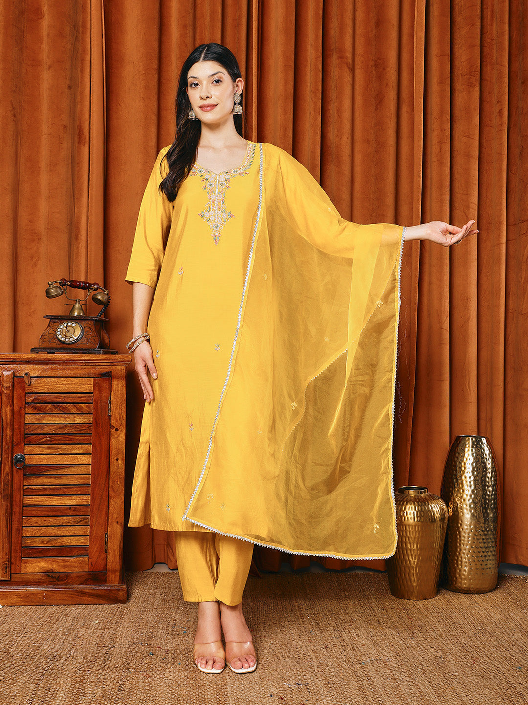 Embroidered Cotton Blend Kurta With Pants & Dupatta