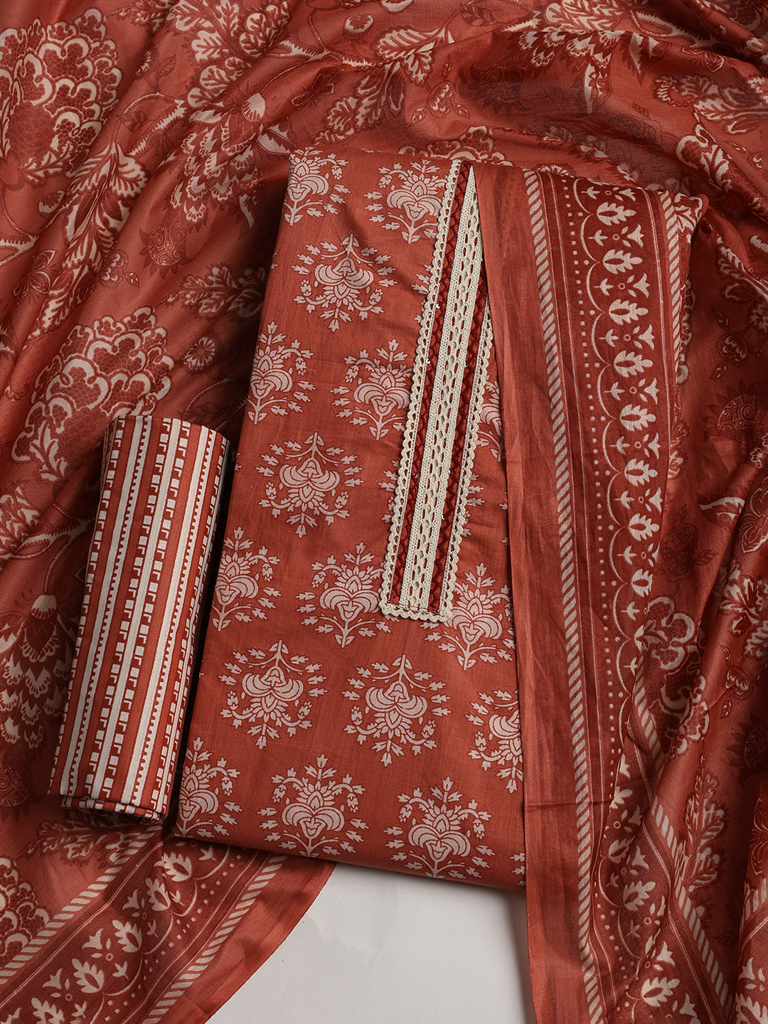 Patch Neck Cotton Blend Unstitched Suit With Dupatta