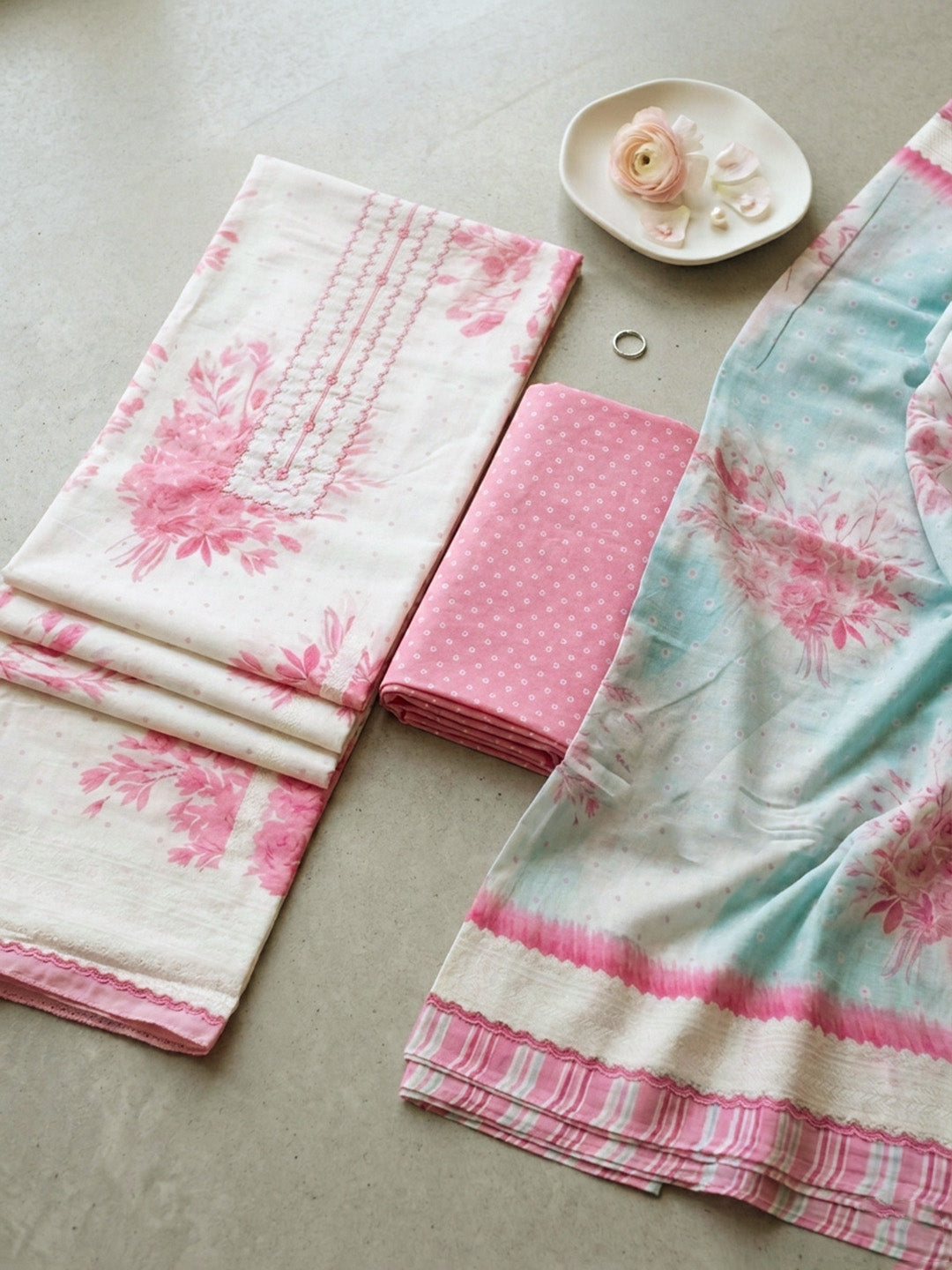 Printed Cotton Blend Unstitched Suit With Pant &amp; Dupatta