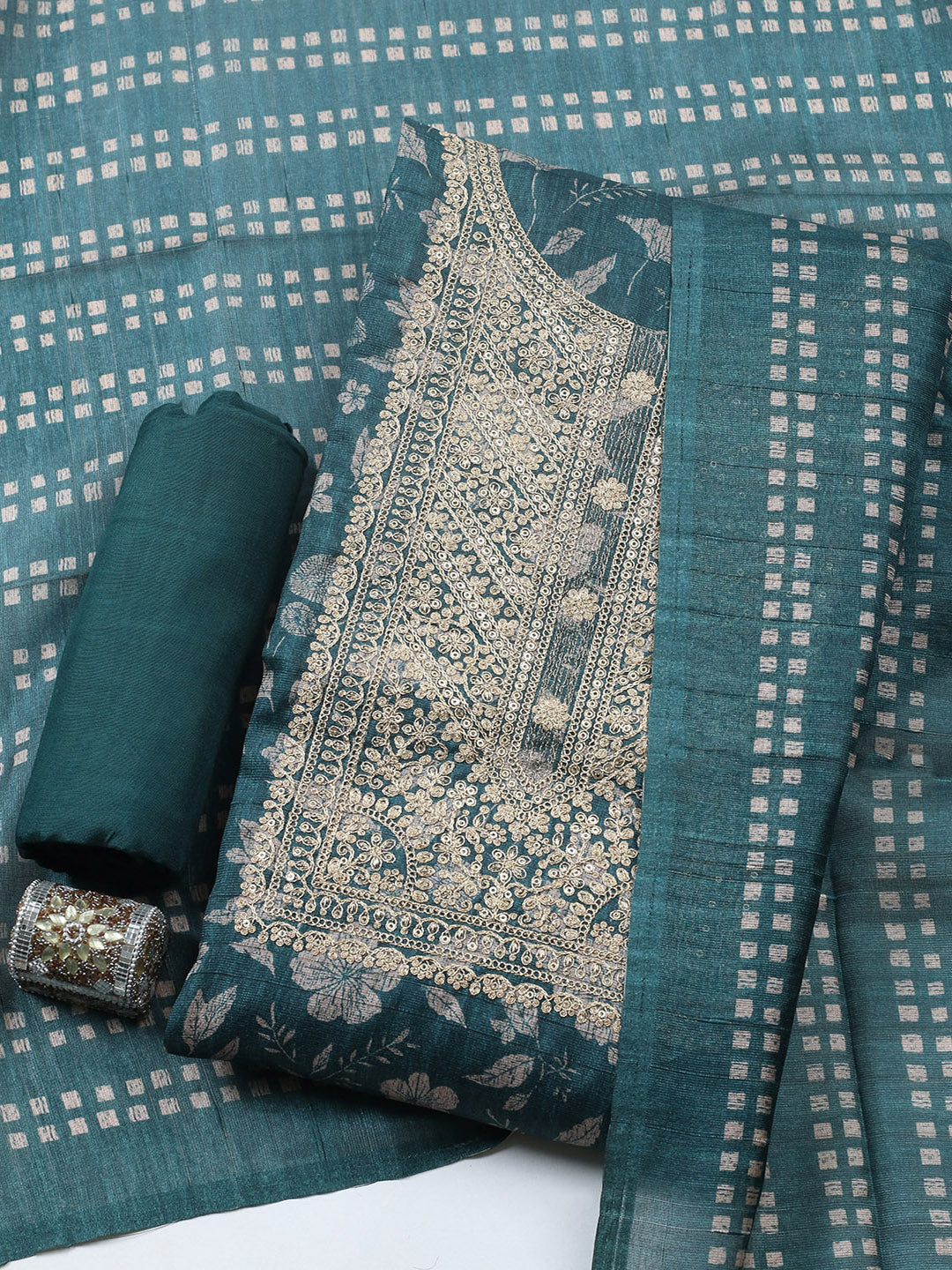 Embroidered Cotton Blend Unstitched Suit With Pant &amp; Dupatta