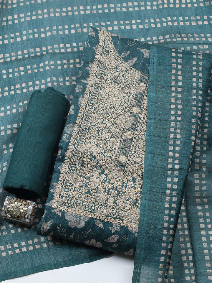 Embroidered Cotton Blend Unstitched Suit With Pant &amp; Dupatta