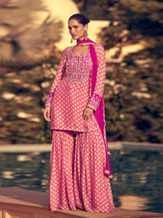 Sequins Embroidery Chinnon Kurta With Sharara And Dupatta