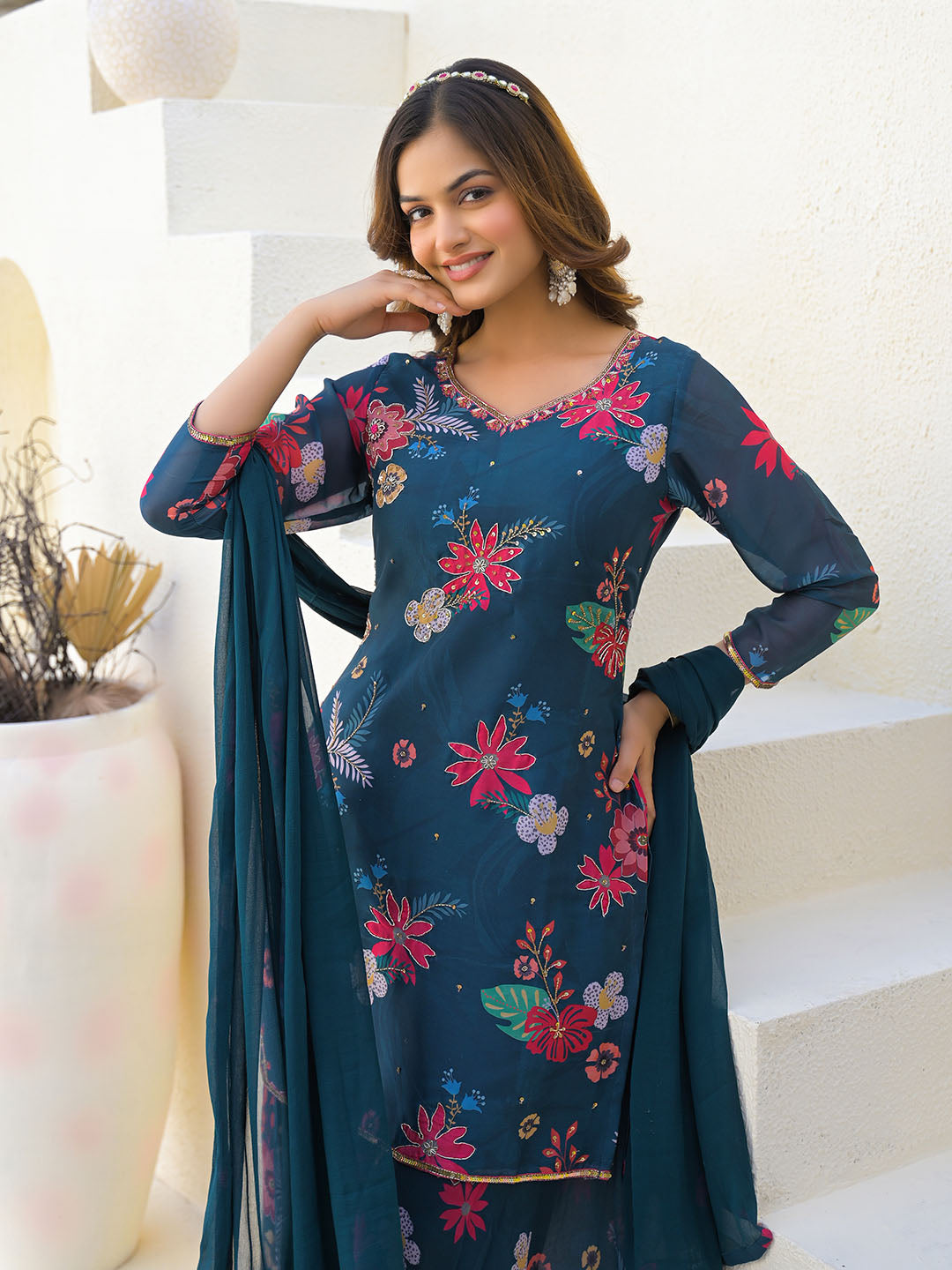 Neck Embroidered Georgette Kurta With Sharara And Dupatta