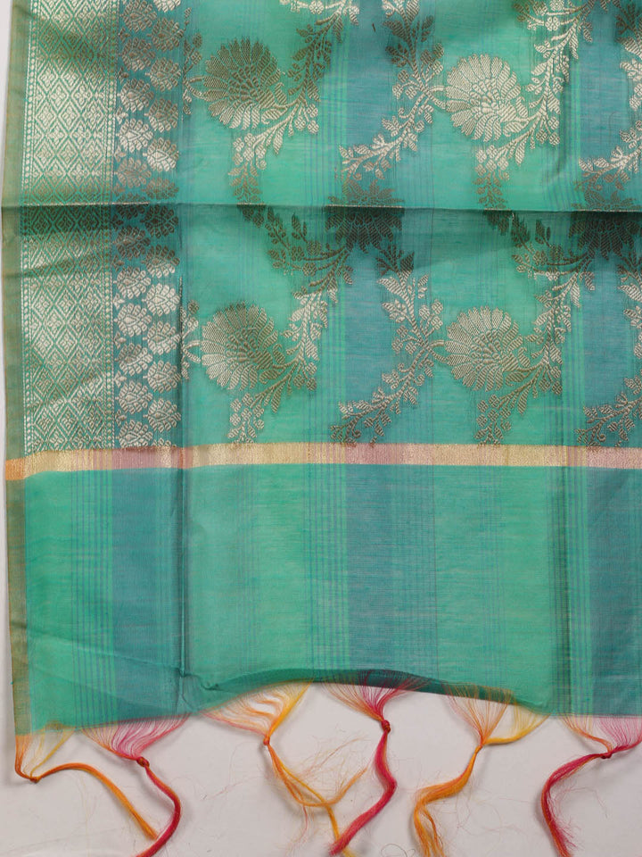 Green Woven Design Chanderi Unstitched Dress Material