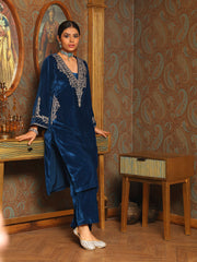 Zari Neck Embroidered Velvet Kurta With Pants