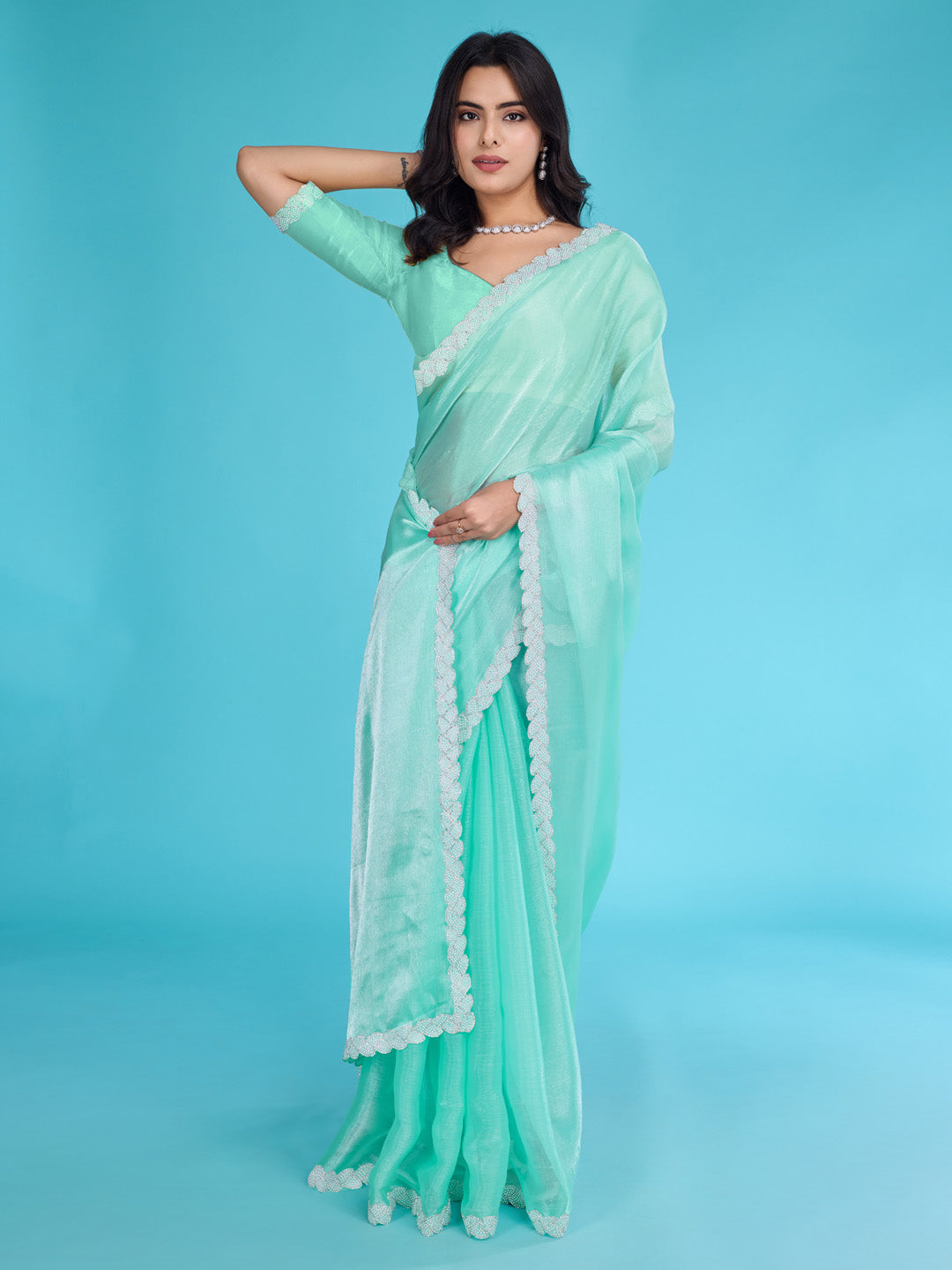 Embroidered Chinon Saree